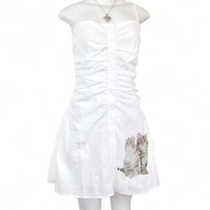 y2k white ruched button front kitten graphic mini dress